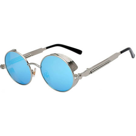 Steampunk Retro Gothic Vintage Silver Metal Round Circle Frame Sunglasses Blue