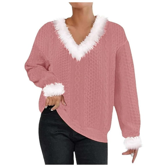 Women's Plus Size Christmas Casual V Neck Fringed T Shirt Long Sleeve Sweater Top Loose Fit Holiday Party Comfortable Blouse
