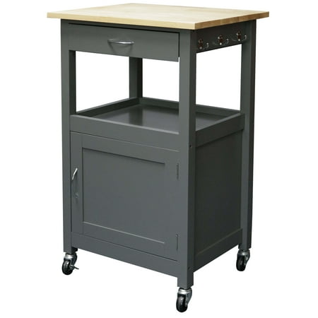eHemco 1-Door Kitchen Island Cart on Wheels with Drawer Storage Cabinet Shelf and Natural Solid Hardwood Top 34.75 Inches Height Gray Base