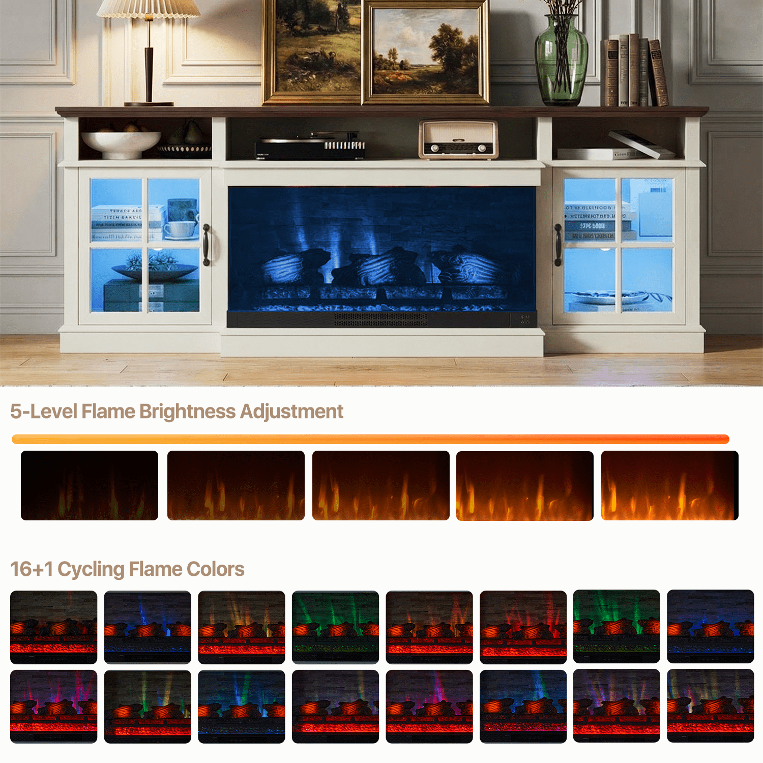 BaPiPro 70" Farmhouse Fireplace TV Stand for TVs Up to 80", Entertainment Center with 3-Sided 36" Electric Fireplace & LED Lights, 2 Drawers & 2 Storage Cabinet, White
