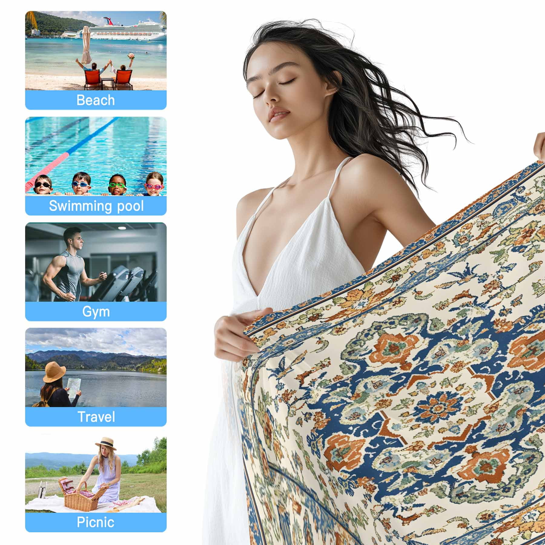 Boho Vintage Beach Towels Blanket Soft&Absorbent Quick Dry Microfiber Ethnic Tribal Aztec Floral Pattern Pool Towels for Swimming ,Yoga, Sports, Gym, Camping,Large 30X60in, Beige