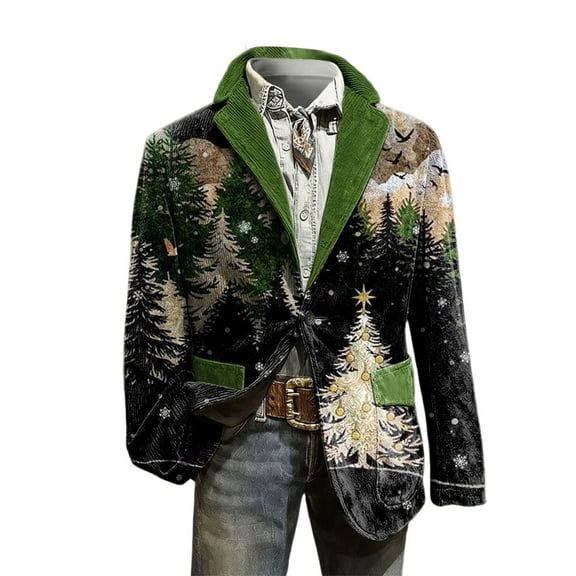 KHONTS Christmas Blazer for Men Vintage Corduroy Jacket Funny Xmas Graphic Button Holiday Party Jackets Work Blazers 14-Dark Green XL