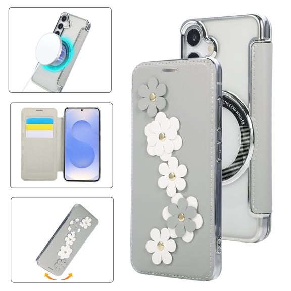 Eombossed Floral Flip Case for Samsung Galaxy S24, Case Wallet PU Leather with Card Holder RFID Blocking Compatible with MagSafe Protection Clear Back Shockproof Cover for Samsung Galaxy S24, White
