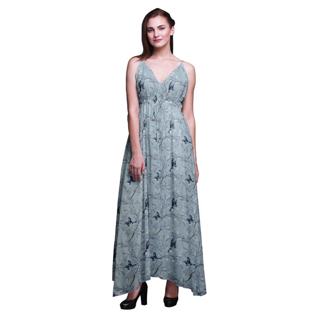 Bimba Oiseau Dames Longue Robe à Imprimé Floral Spaghetti Sangle V Cou Maxi Plage Wear-XX-Large