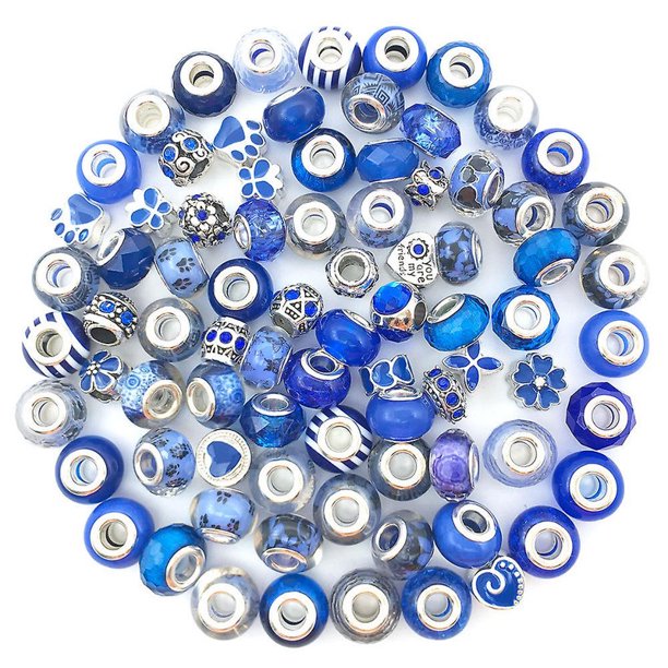 Mezcla de 80 accesorios de pulsera de estilo popular, accesorios de joyería con cuentas de agujero grande, cuentas sueltas de diamantes de aleación perforadas de bricolaje, color azul