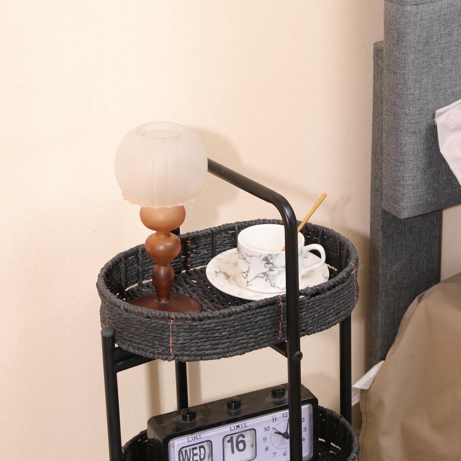 3-Tier Organizer for Kitchen,Portable Storage Shelf,Small Handwoven Side Tables forLiving Room,Bedroom,Black