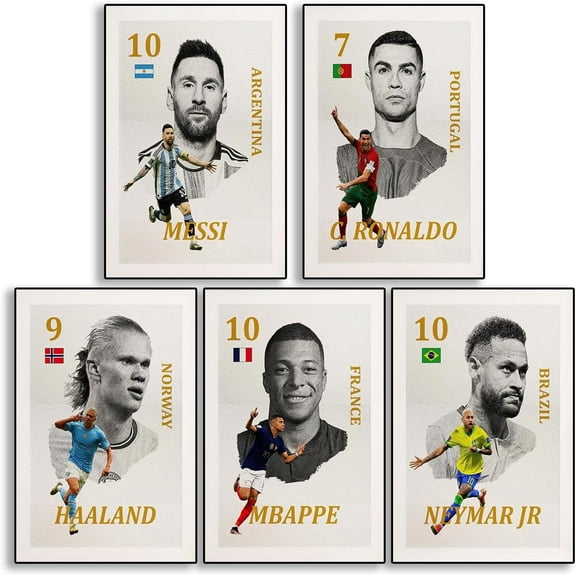 Messi, Ronaldo, Mbappe, Neymar, Haaland Soccer Canvas Poster Wall Art Print Set of 5 Gifts for Boys Living Room Bedroom Decor Unframed: 8x12inch