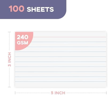 Heavy Weight Index Cards 3x5 Ruled - Quivanta 240GSM/90LB 100 Pack White Lined Note Cards 3 x 5 Flashcards for Studying, Note Taking and To Do List