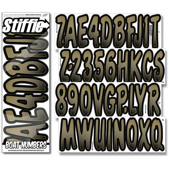 STIFFIE Waveline Metallic Gold/Black 3” Boat  PWC Registration Decals • Numbers Letters Stickers
