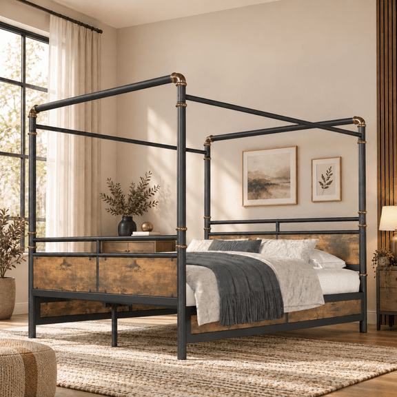Miniyam Queen Size Industrial Metal Canopy Bed Frame with Headboard and Footboard, Brown