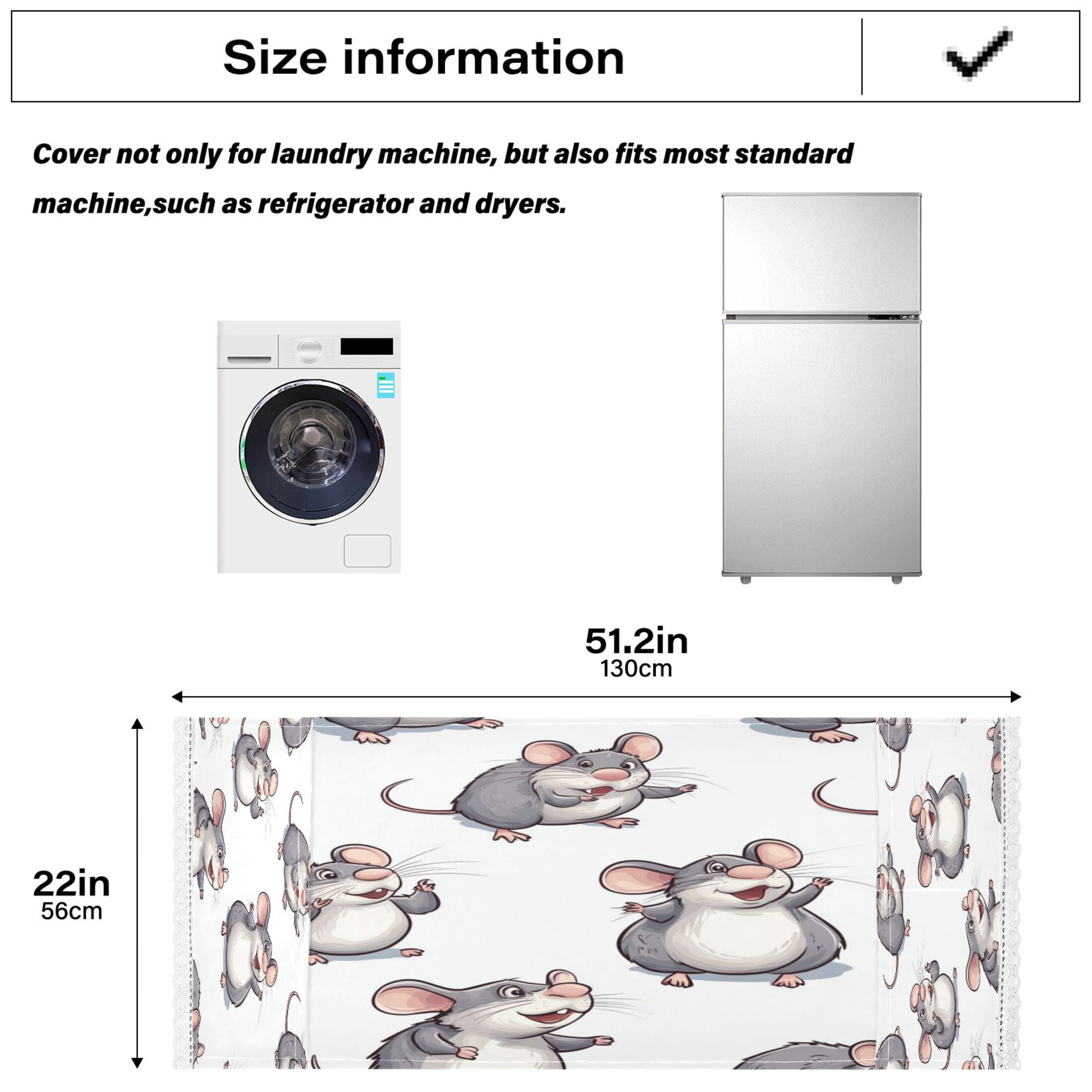 Lovely Cartoon RatWasher and Dryer Covers Dust-Proof and Oil Resistant Fridge Cover with 4 Storage Pockets Washing Machine Top Cover for Laundry Kitchen Home 51.2 x 22 In