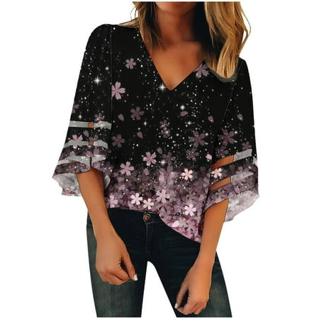 

Ziloco Women s Shirt Tees V Neck Three Quarter Sleeve Print T-shirt Tops Blouse Gift For Women crop tops for women black corset tops for women Pink M