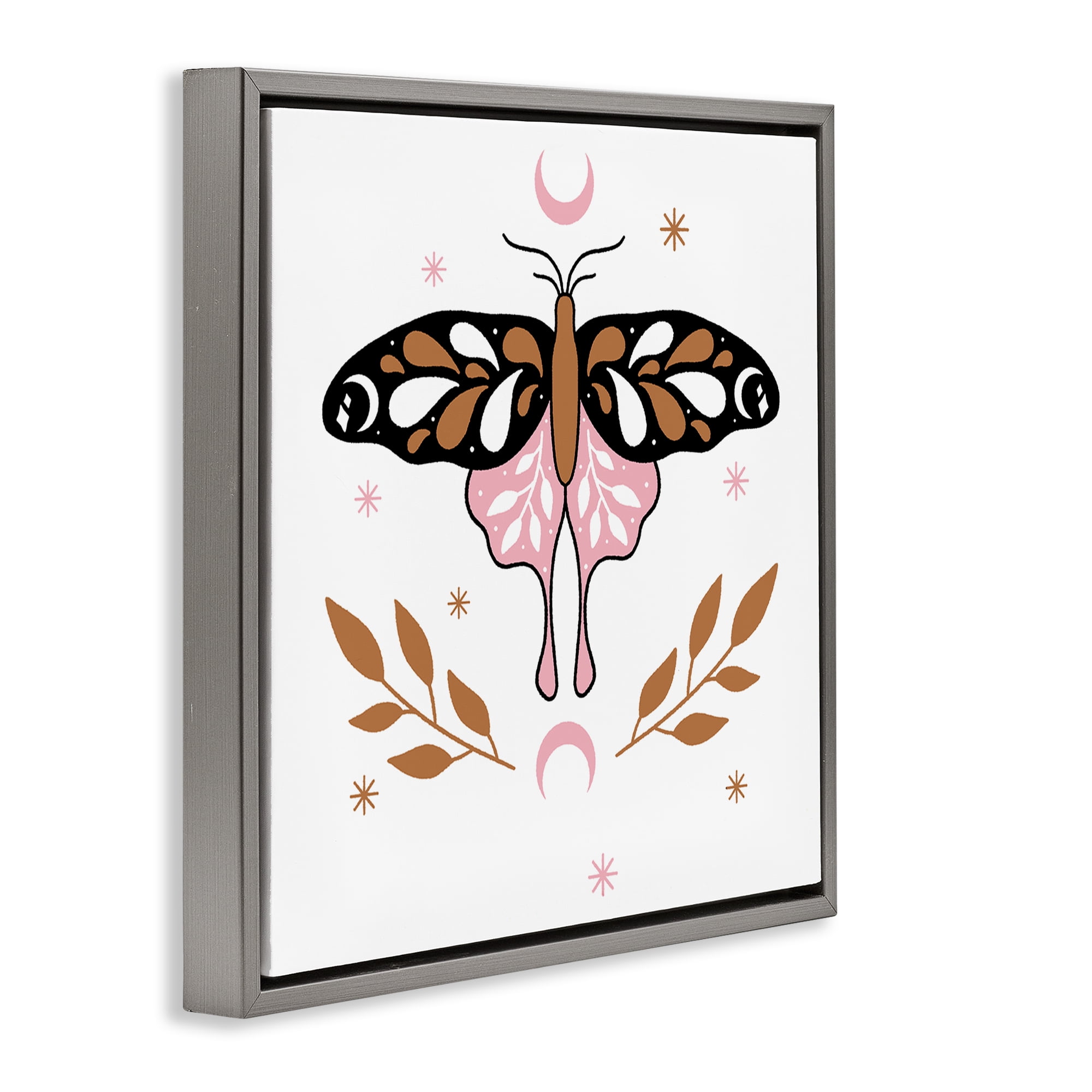 Stupell Industries Moth & Crescent Moons Animals Painting Gray Floater Framed Canvas Art Print Wall Art, 18 x 18