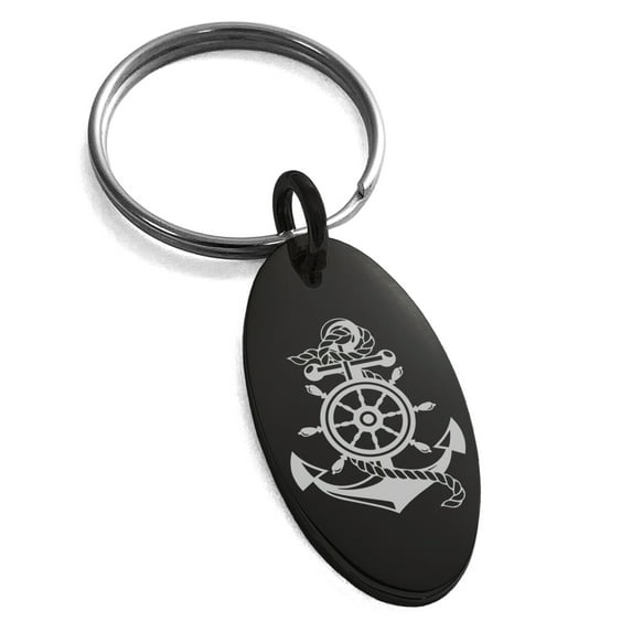 Stainless Steel Nautical Ship Helm & Anchor Engraved Small Oval Charm Keychain Keyring