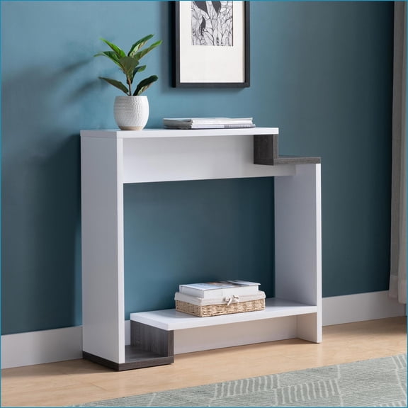 Console Table, Contemporary White & Grey with Two Open Shelves | Particle Board