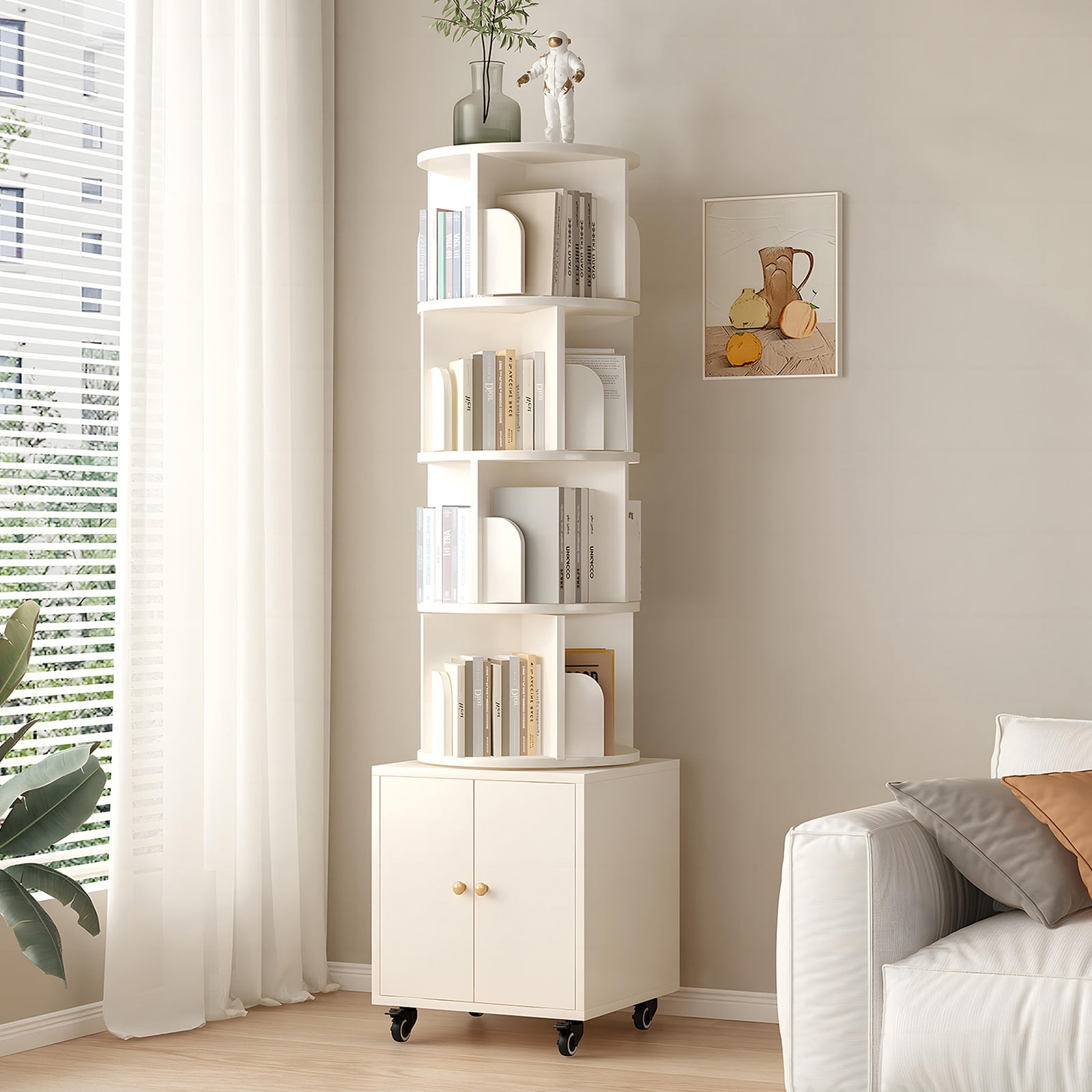 Rotating Bookshelf, 5 Tier Corner Bookcase with Storage Drawer and 360-Degree Rotation, Modern Design for Bedroom or Office, White Finish