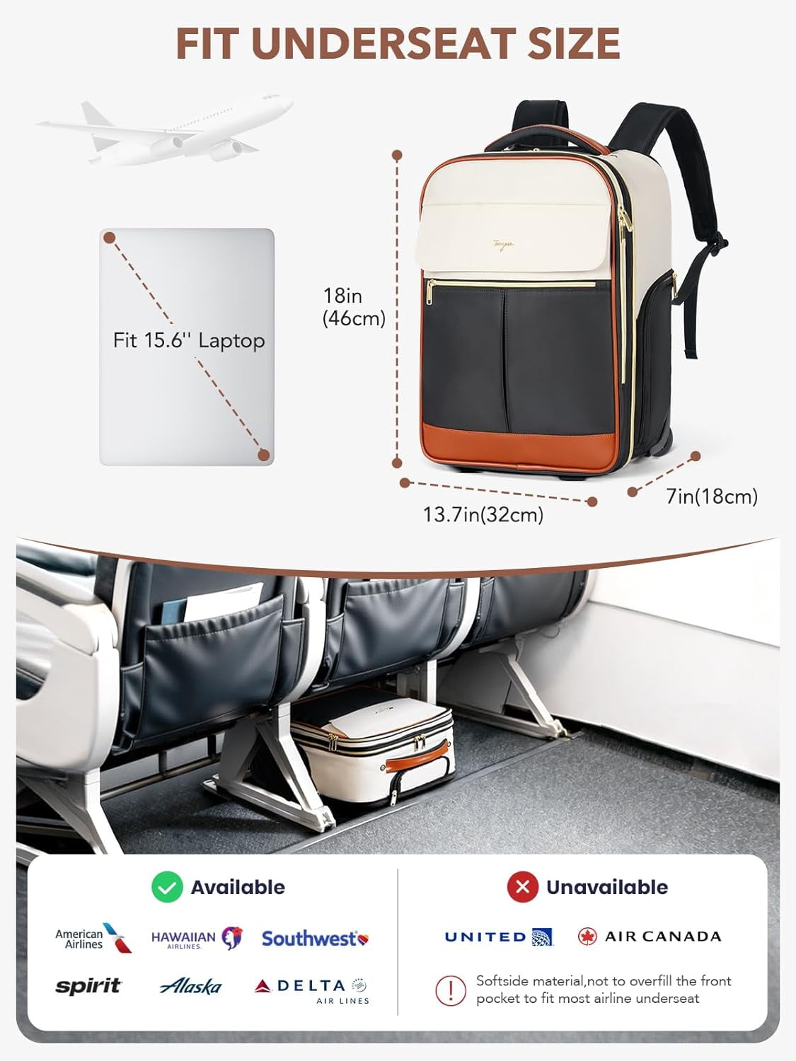 Rolling Backpack for Women, Large Travel Backpack with Wheels Carry on Flight Approved, 15.6 Inch Laptop Wheeled Roller Bag Suitcase for Work Bussiness Weekender (Black,M Underseat Size)