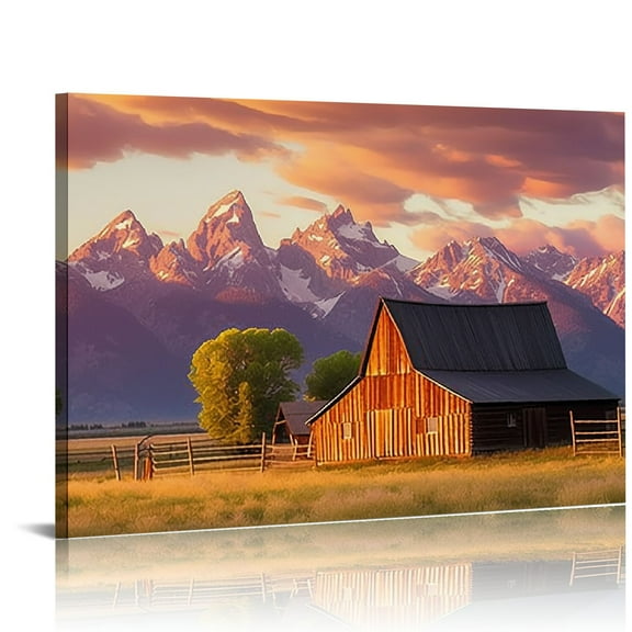 Shadudu National Park Barn Canvas Wall Art Country Farmhouse Wall Decor Artwork Sunset Moulton Barn Grand Tetons National Park Picture Wall Art for Bedroom Bathroom to Hang 36x24in