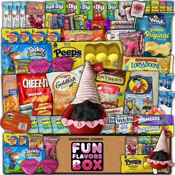 Fun Flavors Box Valentine’s Day Candy Box Variety Pack (80 Count) Care Package Gift Basket, Candy, Chips, Chocolates, Gnome, Love Themed Gift Box