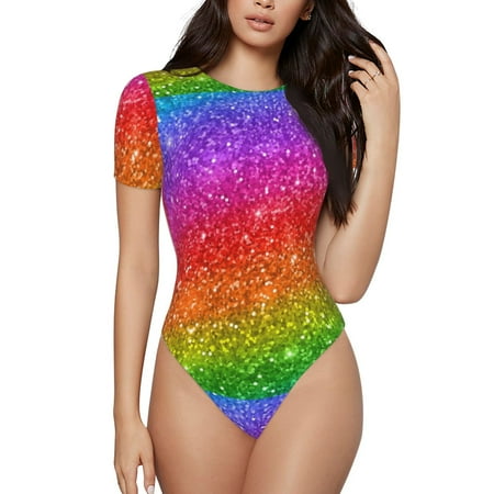 Daiia Colorful Glitter Women S Crew Neck Short Sleeve Slim Fit T Shirts Tops Basic Bodysuit Leotard Clothing-Xx-Large