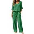 thumbnail image 5 of BRELIL Women's 2 Piece Sets Summer Wide Leg Pants V Neck Short Sleeve Tops Casual Lounge Matching Sets Solid Boho Vacation Travel Outfits Loose Tracksuit, Green XL, 5 of 7