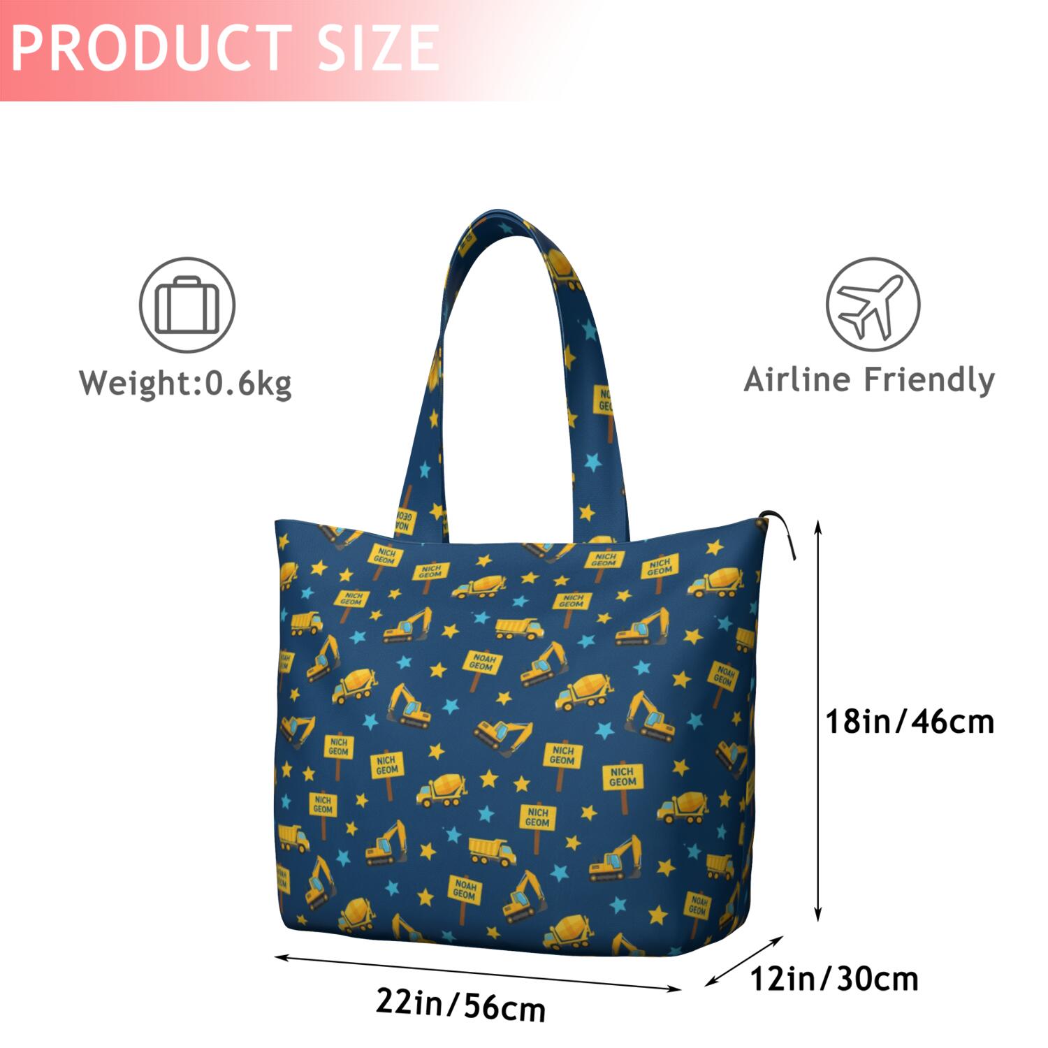 Cartoon Construction Vehicles Stars Blue Pattern Travel Tote Bags for Women Carry On,Large Weekender Bags for Women Travel,Multi Functional Duffle Bag for Work,Shopping,Sports