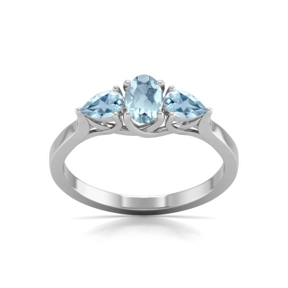 Oval and Pear Cut Natural Aquamarine Gemstone Ring in 14K White Gold (Size: 4.5)