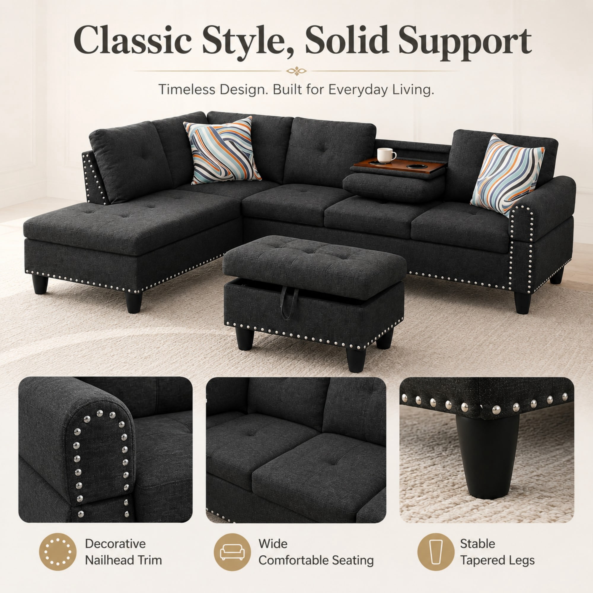 Momspeace 98" L-Shaped Sectional Sofa, Oversized 6 Seater Sofa with Ottoman and Cup Holder, Linen, Black