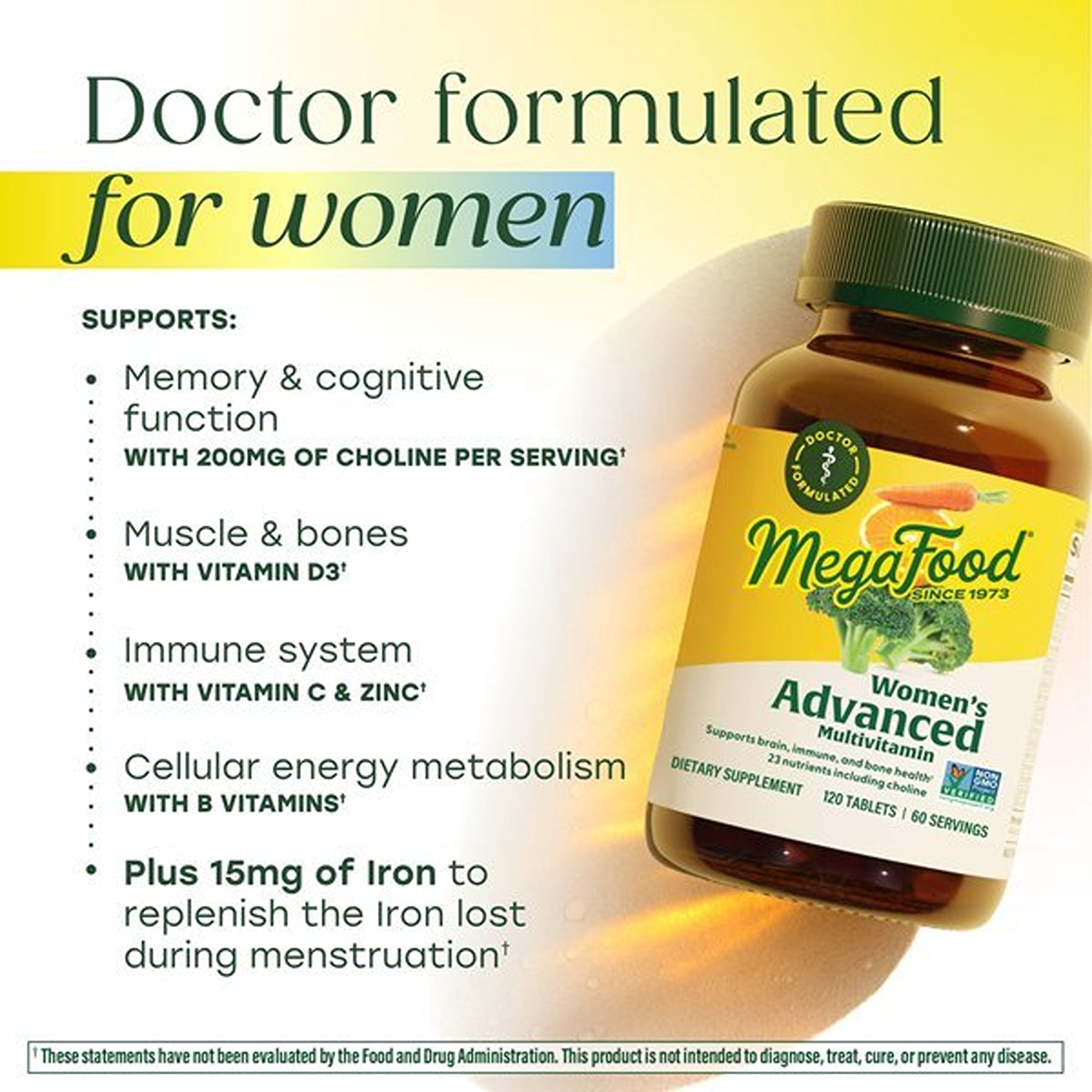 MegaFood Women's Advanced Multivitamin - Iron, Choline, Vitamin D3, C & Zinc - 30 Servings