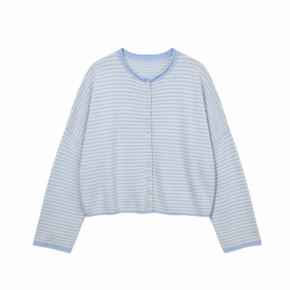 Sewkxo Women's Striped Cropped Knit Cardigan Crew Neck Button Down Long Sleeve Loose Drop Shoulder Casual Sweater Outerwear,Light Blue L