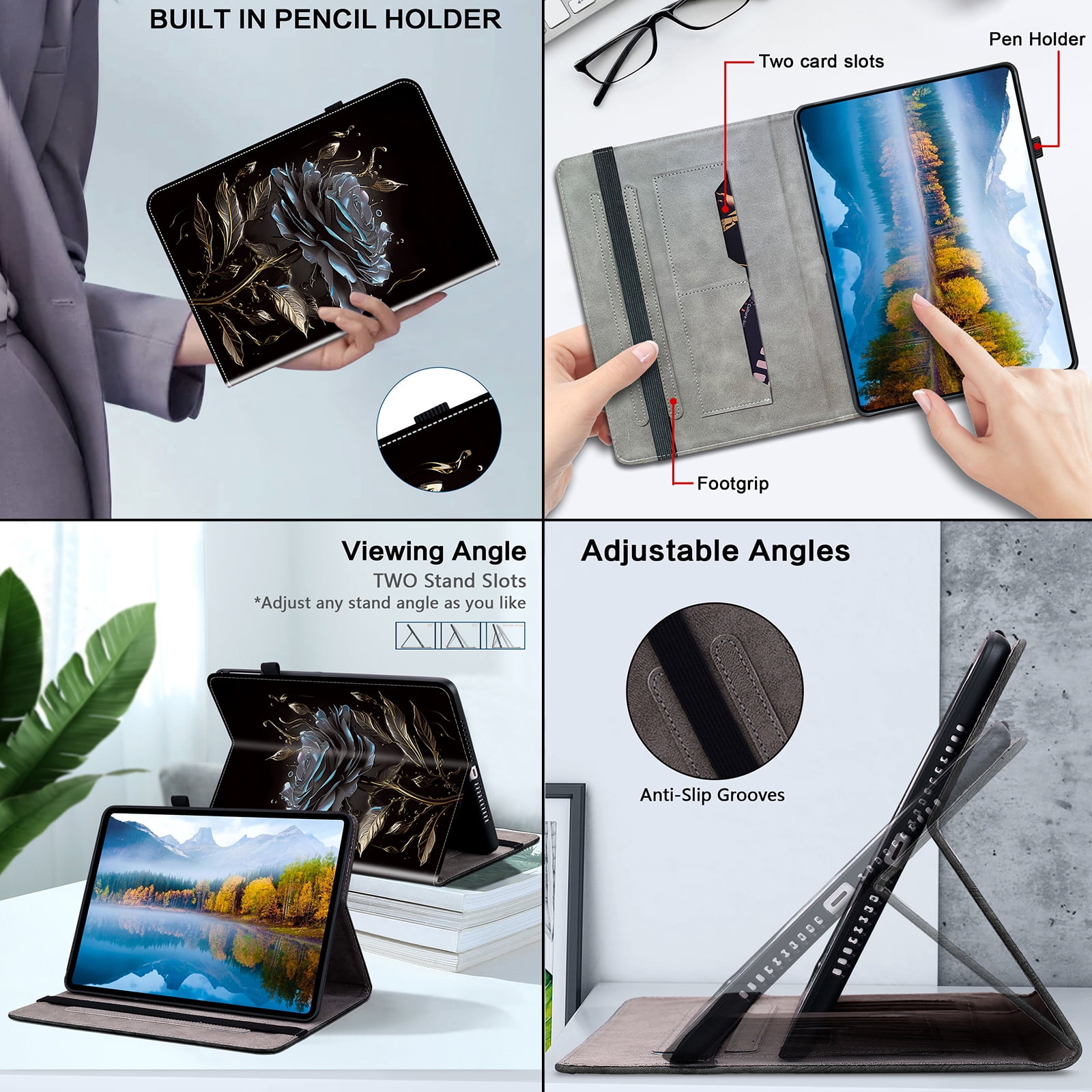 Allytechgroup Case for iPad (A16) 11th Generation 11" 2025 with Stand/Pencil Holder/Card Pockets/Magnetic Smart PU Leather Folio Stand Wallet shockproof Cover [Auto Wake/Sleep], Black Rose Flower