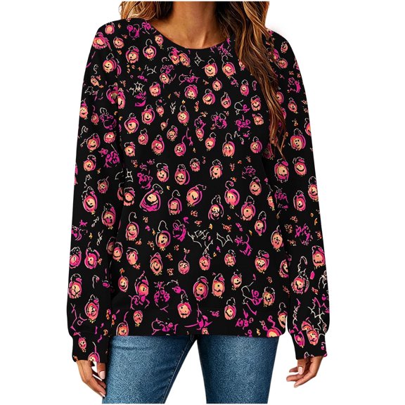 HomeDM Women's Halloween Tops Long Sleeve All-Over Print Pullover Crew Neck Holiday Casual Sweatshirt