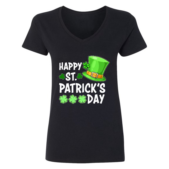 Inktastic Happy St. Patrick's Day Green Hat and Clovers Women's V-Neck T-Shirt