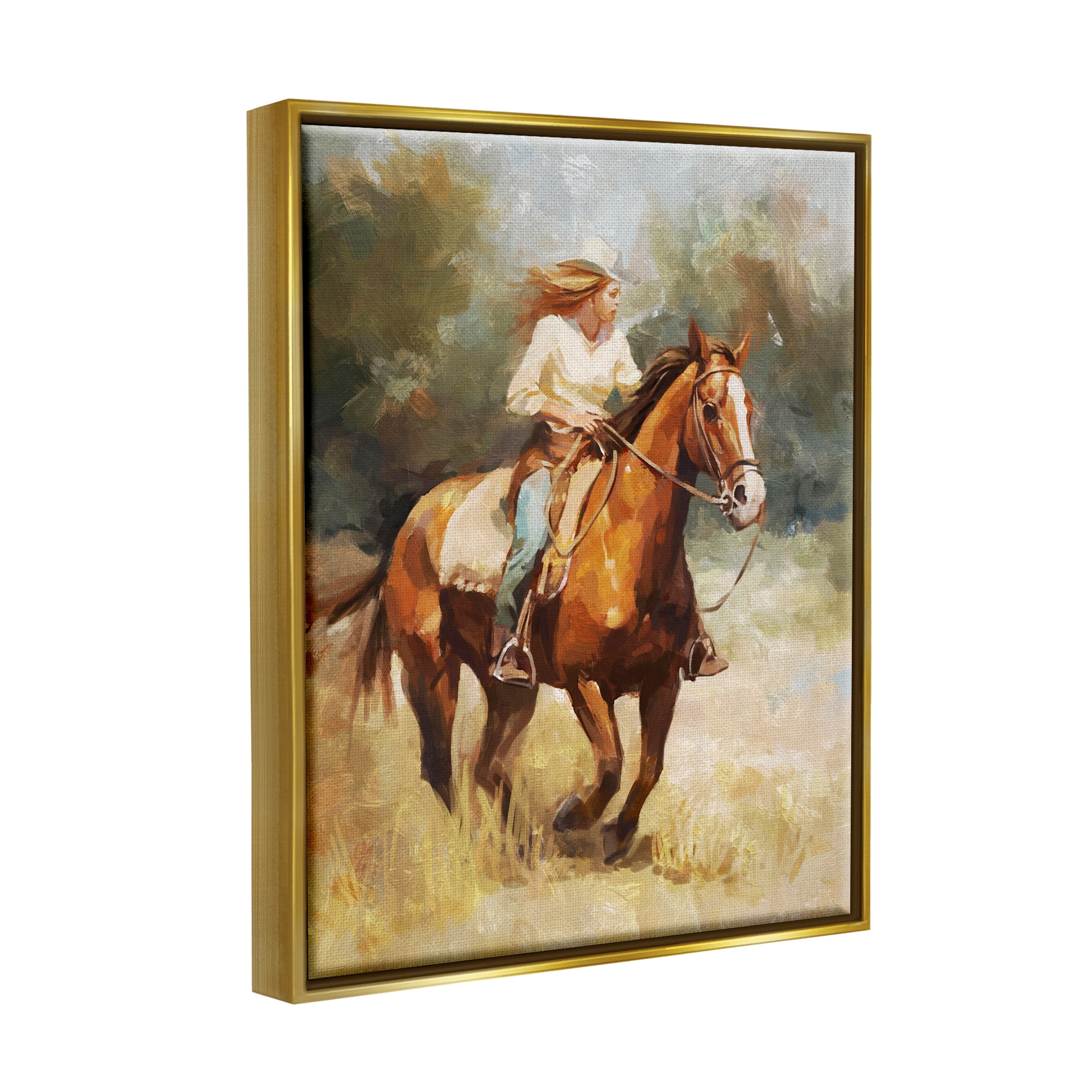 Stupell Industries Galloping Cowgirl Scenery Animals & Insects Painting Gold Floater Framed Canvas Art Print Wall Art, 17 x 21