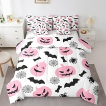 Manfei Cartoon Pink Pumpkin Twin Bedding Sets 7-Piece, Gothic Halloween Bat Animal Bedding Comforter Set, Kid Child Teen Reversible Sheet Sets, Ultra Soft Home Decor