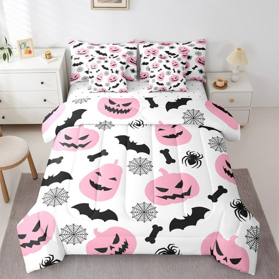 Manfei Cartoon Pink Pumpkin Twin Bedding Sets 7-Piece, Gothic Halloween Bat Animal Bedding Comforter Set, Kid Child Teen Reversible Sheet Sets, Ultra Soft Home Decor