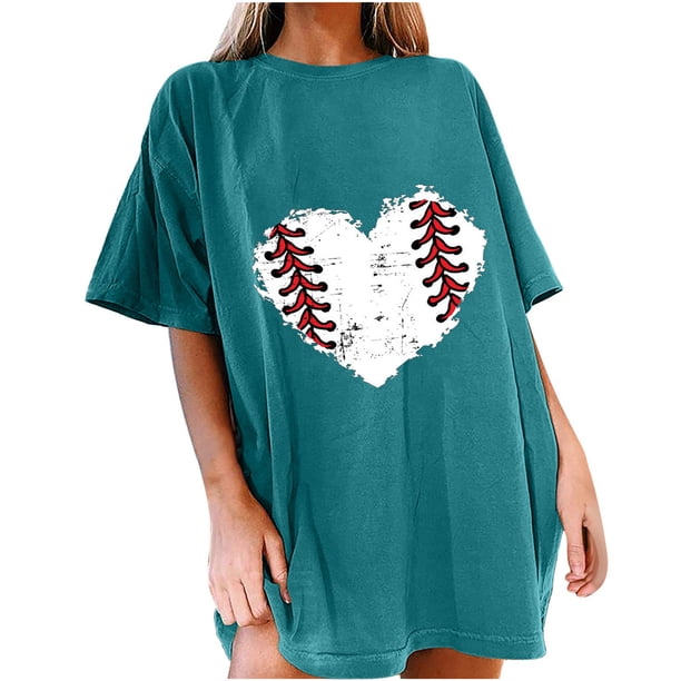 Tops de manga corta con hombros caídos informales de verano para mujer, camisetas divertidas con cuello redondo y estampado de béisbol OAVQHLG3B Store lin121212