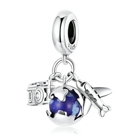 925 Sterling Silver Global Airplane Camera Travel Dangle Charm for Women Charm Bracelet & Necklaces