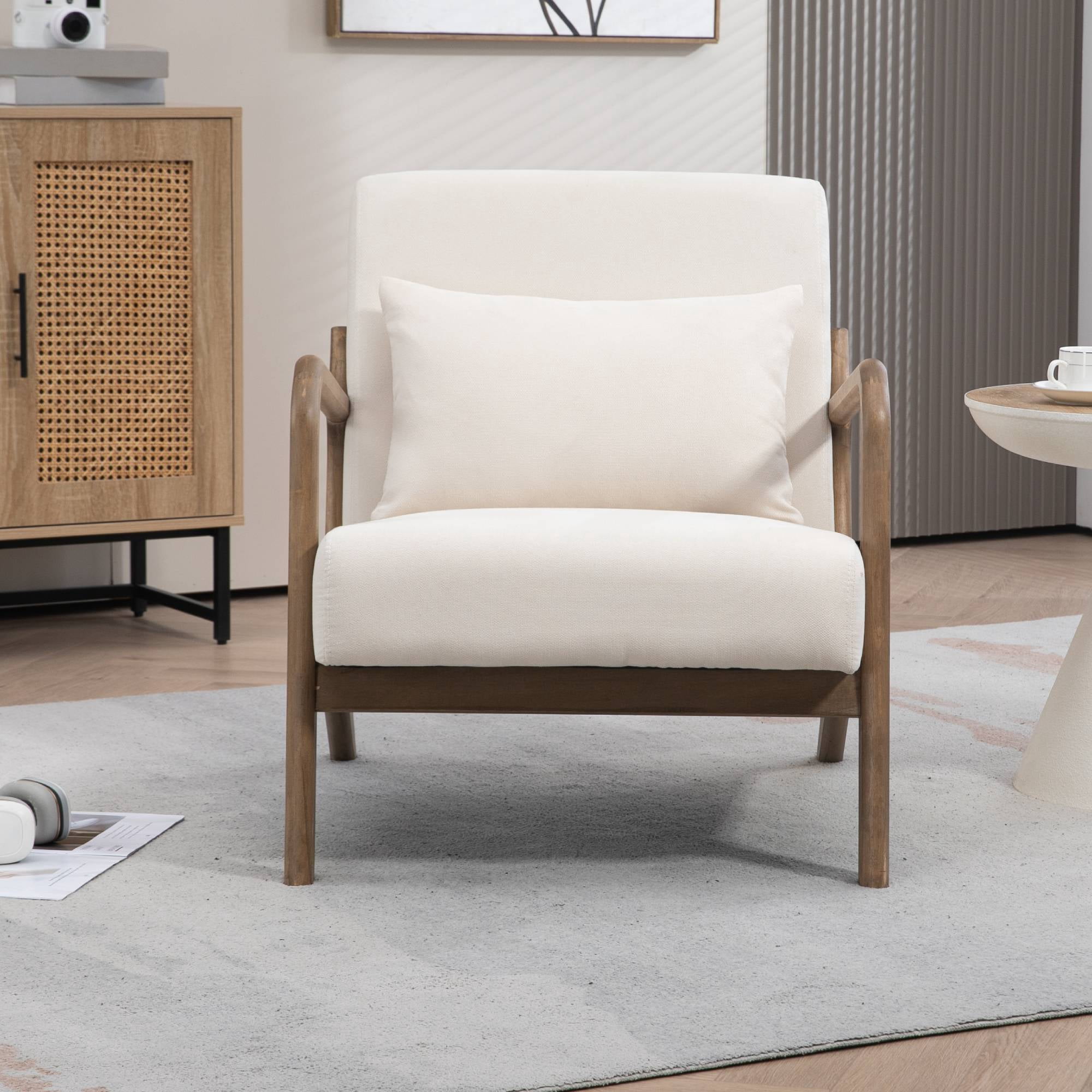 Mid-Century Modern Accent Chair with Pillow Velvet Lounge Arm Chair Comfy Reading Chair with Solid Wood Frame for Living Room, Bedroom, Dark Grey