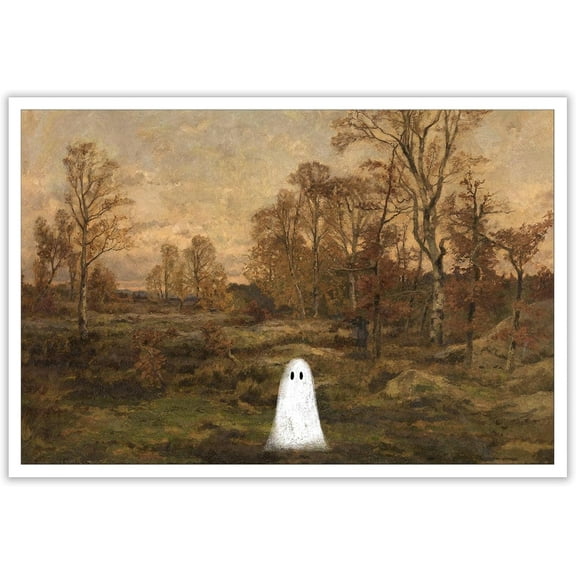 Aaheei Cute In Haunted Forest Poster Farmhouse Halloween Canvas Wall Art Cute Ghosts In Vintage Landscapes Gallery Wall Prints Painting Dark Academia Pictures Wall Decor