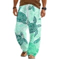 thumbnail image 2 of Beach Pants for Men Sea Turtle Print Loose Fit Elastic Waist Wide Straight Leg Cotton Linen Casual Pants with Pockets, 2 of 5