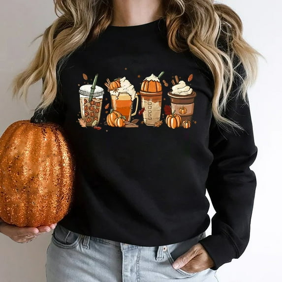 Lilgiuy Women's Halloween Hoodless Sweatshirts Fashion Graphic Printed Long Sleeve Round Neck Pullover Blouse Fall Winter Trendy Tops Black