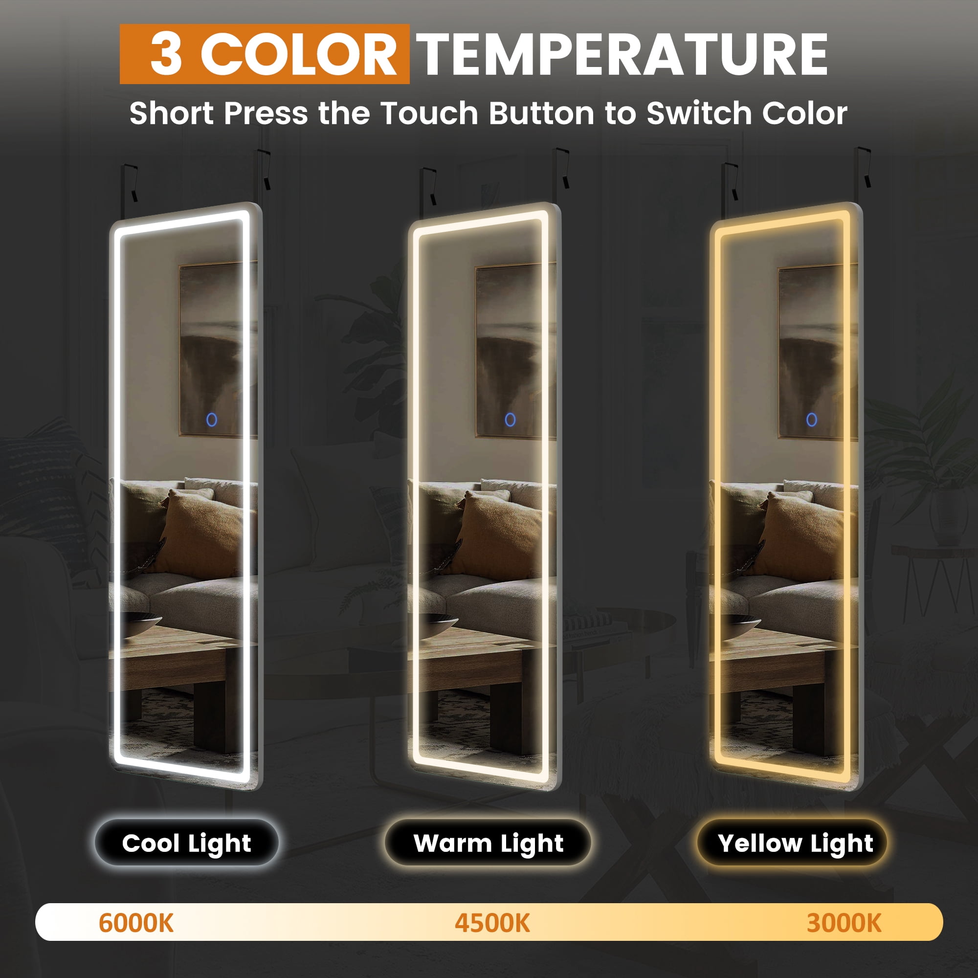47"x16" Mordern Rectangle Hanging LED Mirror Door Mirror Vanity Mirror,White