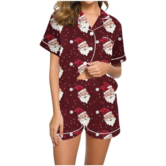 Dreluolixuan Christmas Pajamas Couple Short Sleeve Collar Soft Shirt Elastic Waist Pants Santa Claus Fall His and Hers Nightwear with Pocket