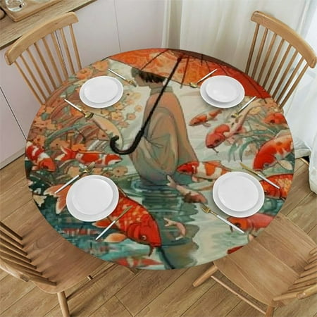 

SHERONV Fish Pond Round Table Cover Stain Resistant & Washable Indoor Outdoor Tablecloth for Kitchen Dining Wedding Parties 100% Polyester Outdoor Fitted Picnic Dining Kitchen Farmhouse 54 -58