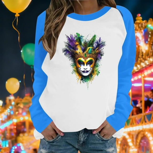 Xuyuer Mardi Gras Shirts for Women Shirt Funny Mask Graphic Tee Carnival Long Sleeve Shirt V Neck Top