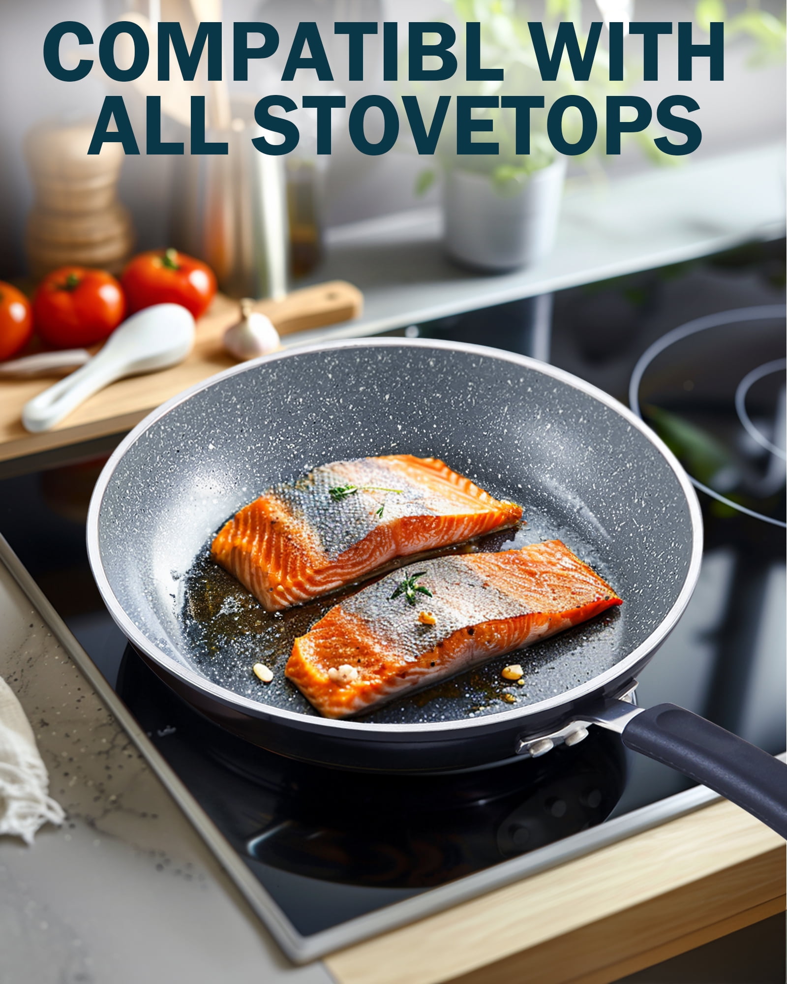 Cook N Home Professional 8/10/12 Inch Heavy Nonstick Frying Pan Set, Skillets with Non-Stick Coating, Induction, Compatible with All Cooktops, 3-Piece, Black/Marble