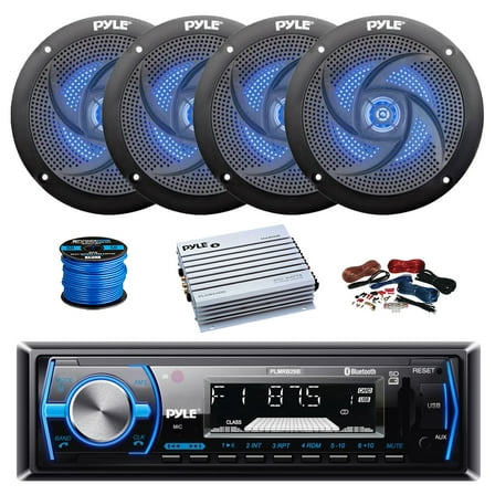 Pyle PLMRB29B Single DIN Bluetooth MP3 In-Dash Stereo Receiver, 4-Channel Amplifier w/Install Kit, 4X 6.5" 240 Watt 2-Way Slim Low Profile Blue Flashing LED Audio Speakers (Black) w/ Wire