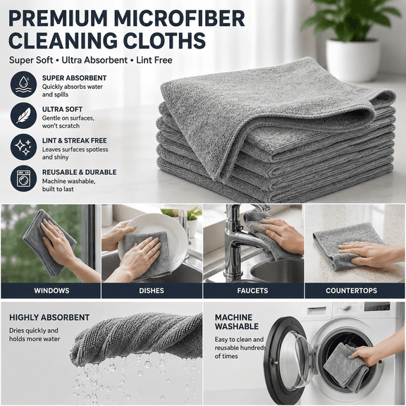 10 Pack Microfiber Cleaning Cloths, Ultra Soft Lint Free Streak Free Cleaning Towels, Highly Absorbent Reusable Scratch Free Microfiber Rags for Kitchen, Bathroom, Glass, Car Detailing, Dusting