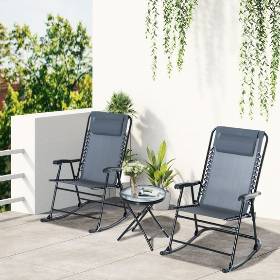 Outsunny 3 Piece Outdoor Rocking Bistro Set, Patio Folding Chair Table Set with Glass Coffee Table for Yard, Patio, Deck, Backyard, Gray